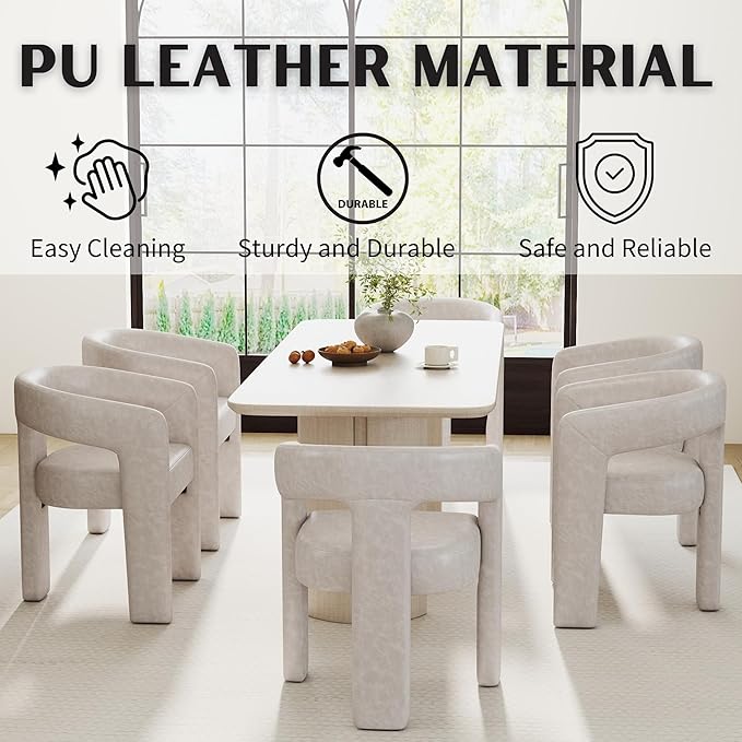 Modern Barrel Dining Chairs Set of 6, PU Leather Upholstered Accent Side Chair with Arms Comfy Makeup Vanity Chairs, Dining Living Room Kitchen Chairs, Grey