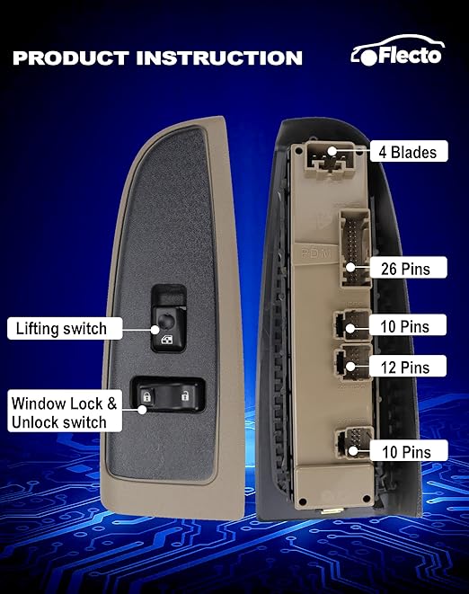 Flecto 19115820 Power Window Switch Front Passenger Side with Door Lock & Tan Bezel Compatible with 03-07 Chevy Avalanche Silverado Suburban Tahoe GMC Yukon Sierra Cadillac Escalade, Replace 920-020