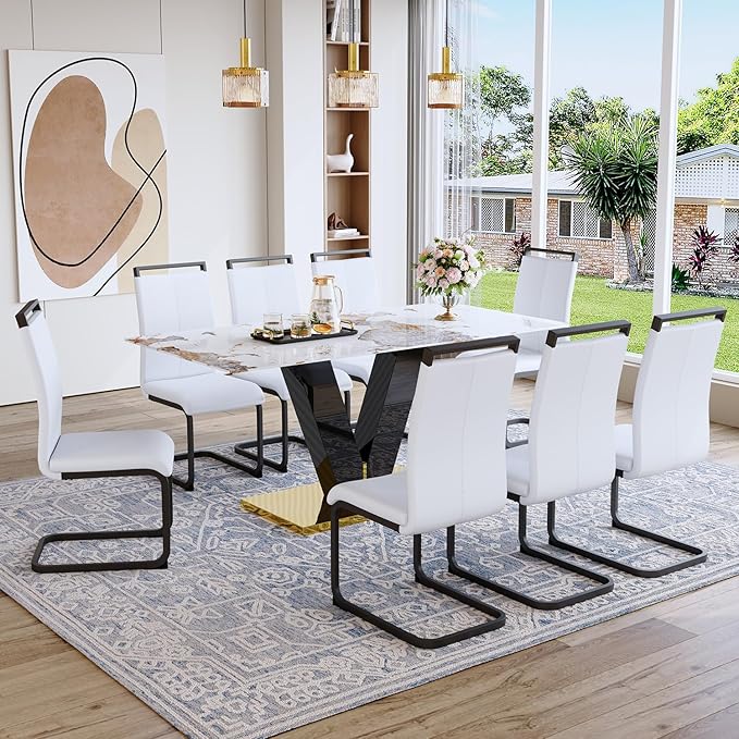 71'' Dining Table Set for 8,Rectangular Dining Room Table Set for 8,Marble Dining Table with 8 PU Leather Dining Chairs,Gold Dining Room Table with Glossy V-Shaped Base Ideal for Kitchen