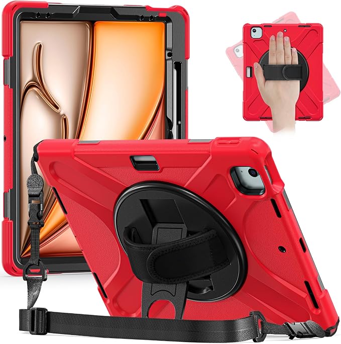 Batianda VortiGrip Case for iPad Air 11 M2/M3/M4 2024-2026 Colorful Blue | Heavy Duty Triple-Layer Rugged Case with 360° Rotating Hand Strap Foldable Hidden Stand Shoulder Strap and Pencil Holder