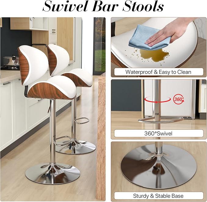 KCC Bar Stools, Swivel Adjustable Height Barstools, PU Leather Upholstered Bar Chairs with Footrest, Bentwood Bar Stool for Kitchen, Bar, Dining Room(White PU)