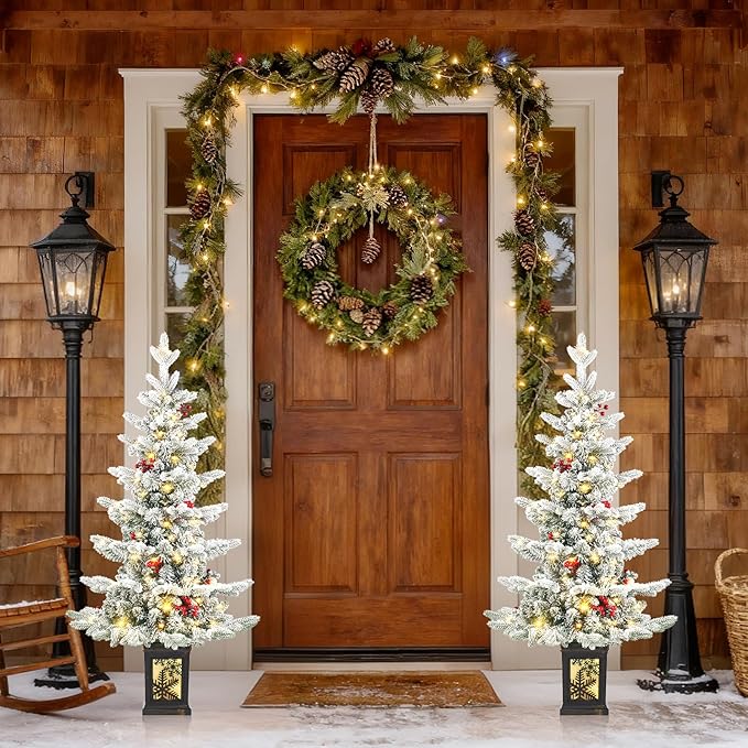 Small Pre-Lit Christmas Tree with LED Lights - 3.5FT Snow Flocked Ariticifial Tree with Vintage Snowflake Base, Battery Operated & Auto Timer for Home Office Xmas Decor