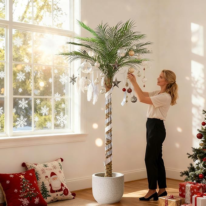 Artificial Phoenix Palm Tree 7ft Tall 2 Set – Fake Large Tropical Tree with 15 Adjustable Leaves, Outdoor Indoor Faux Sago Palm Plant for Living Room Patio Poolside Yard Decor (2, 7ft)