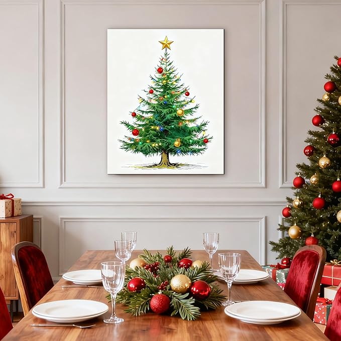 Framed Christmas Pictures Wall Decor,Vintage Pine Tree Prints,Winter Christmas Canvas Wall Art Decoration for Bedroom Bathroom Living Room Rustic Xmas Holiday Gifts (Christmas Tree 7, 24'' X 36'')