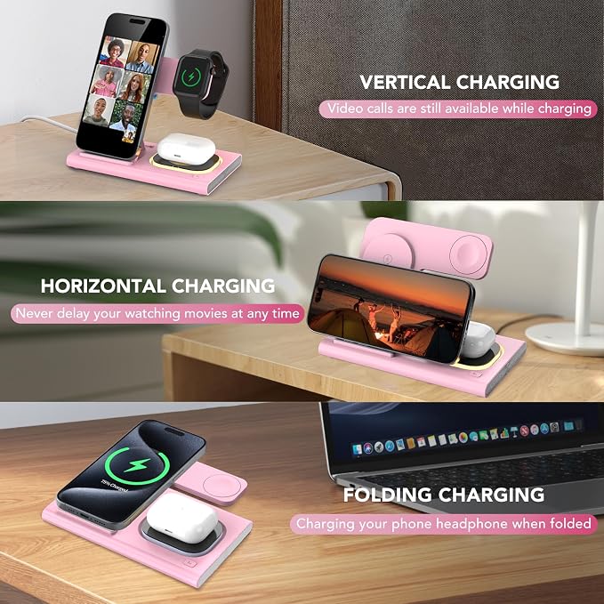 3 in 1 Foldable Wireless Fast Charging Station for Apple Multiple Devices | iPhone Charging Station for iPhone 17 Travel iWatch Charger Stand Light Nightstand Charging Dock for Apple Watch/Airpods