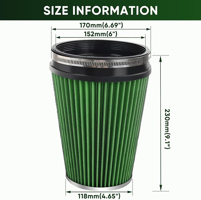 6" 152mm Cold Air Intake Filter Clamp-On Replacement High Flow Inlet Air Filter