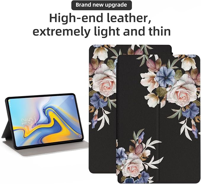 Premium PU Leather Cover for Samsung Galaxy Tab A 10.5 Inch 2018 Model SM-T590/T595/T597 Shockproof Protective Case with Folding Stand and Auto Wake/Sleep Black Flowers