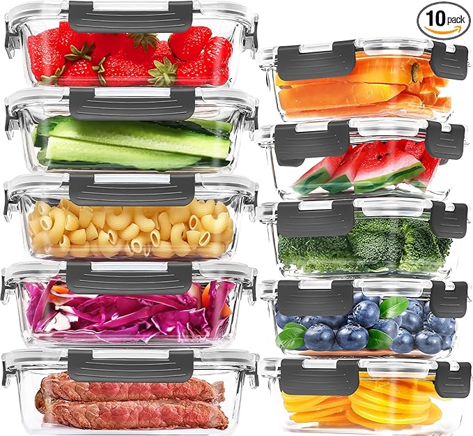 Skroam 10-Pack Glass Meal Prep Containers, Food Storage Containers with Snap Locking Lids, Airtight Bento Boxes for Microwave, Oven, Freezer and Dishwasher