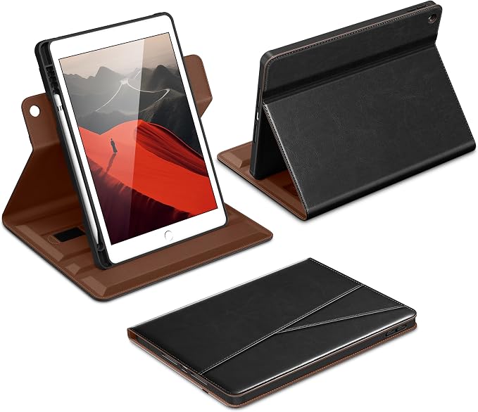 DTTO for iPad 9th/8th/7th Gen Case 10.2 Inch (2021/2020/2019) Brown | 360 Degree Rotating Premium Faux Leather Folio Stand Cover with Pencil Holder Auto Sleep/Wake Multiple Angles Hand Strap