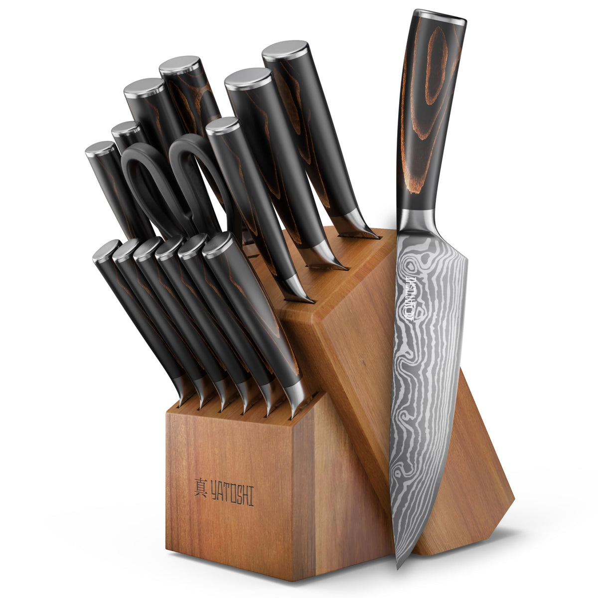 Yatoshi 15 Piece Knife Block Set - Pro Kitchen Knife Set Ultra Sharp High Carbon Stainless Steel with Ergonomic Handle