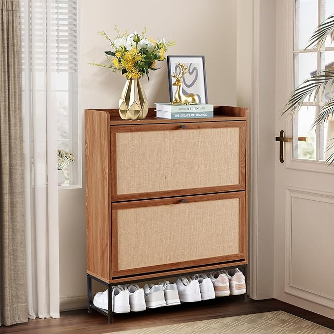 LEVNARY Shoe Storage Cabinet with 2 Flip Drawers, Wooden Narrow Shoe Cabinet Storage for Entryway, Freestanding Shoe Rack Organizer Cabinet with Metal Legs for Hallway (1, Walnut)
