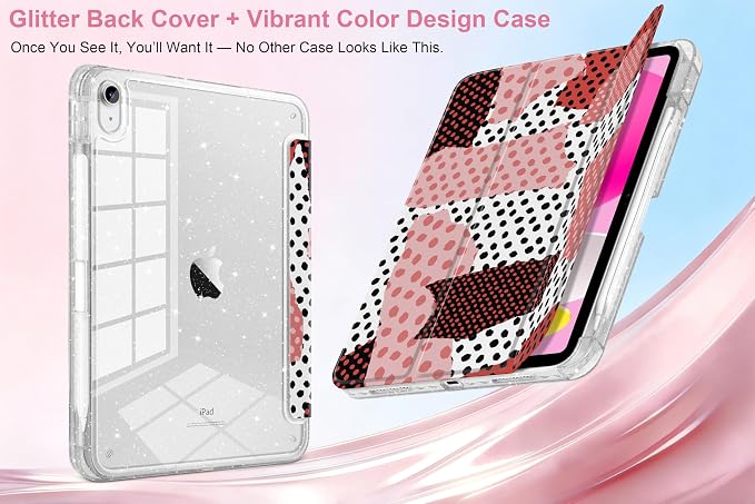 MEEgoodo Case for iPad A16 11th Generation 2025/10th Generation 2022 Glitter Tablet Cases with Transparent Acrylic Back+Trifold Stand +Pencil Holder+Auto Wake/SleepAbstract Sun &amp Palm Tree