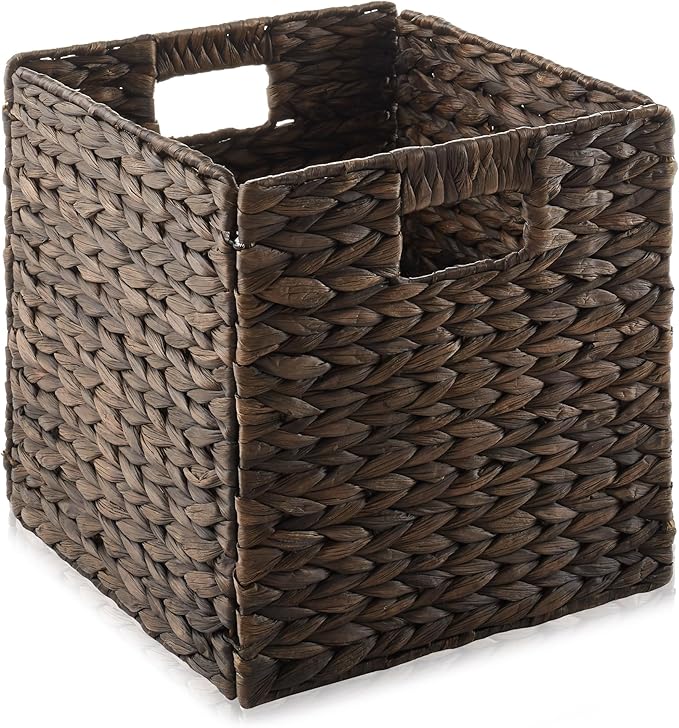 Casafield 10.5" x 10.5" Water Hyacinth Storage Baskets, Espresso - Set of 4 Collapsible Cube Organizers, Woven Bins for Bathroom, Bedroom, Laundry, Pantry, Shelves