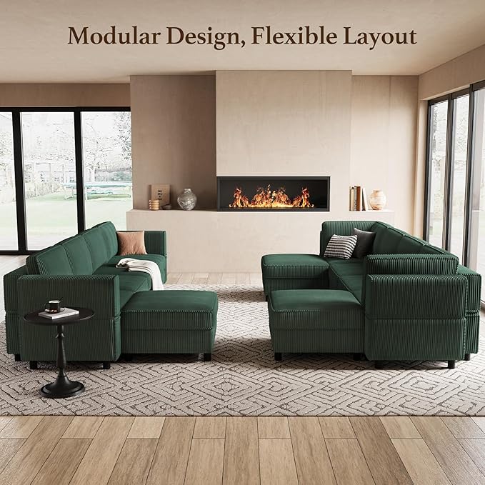 88.6" Modular Sectional Sofa with Sleeper Sofa,6 Seat Corduroy Sectional Couch with Deep Storage Seat,Upholstered Sectional Couches for Living Room,Green