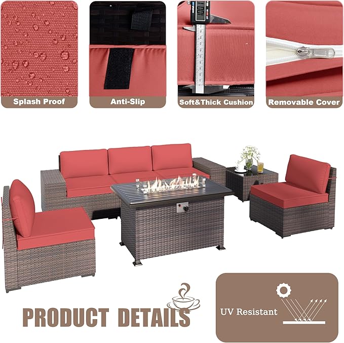 Kurapika 10 Pieces Patio Furniture Set, Rattan Wicker Outdoor Conversation Sets w/43in Propane Fire Pit Table, Swivel Rocking Chairs Patio Sectional Sofa w/4 Inch Cushion, Red