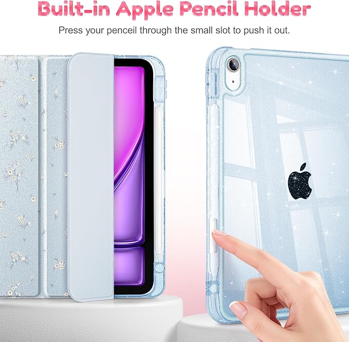 for iPad Air 11 inch M4/M3/M2 (2026/2025/2024) iPad Air 5th/4th Gen (2022/2020) 10.9 inch with Pencil Holder Glitter Clear Pretevtive Cover Auto Wake/Sleep Black Cartoon Stickers