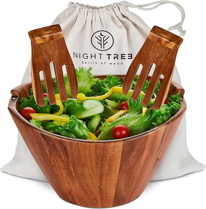 Night Tree Large wooden salad bowl with serving forks mixing, wood salad bowl set for food or fruits, magnetic utensils fit for 6–8 servings, ideal to family meals or as a unique gift