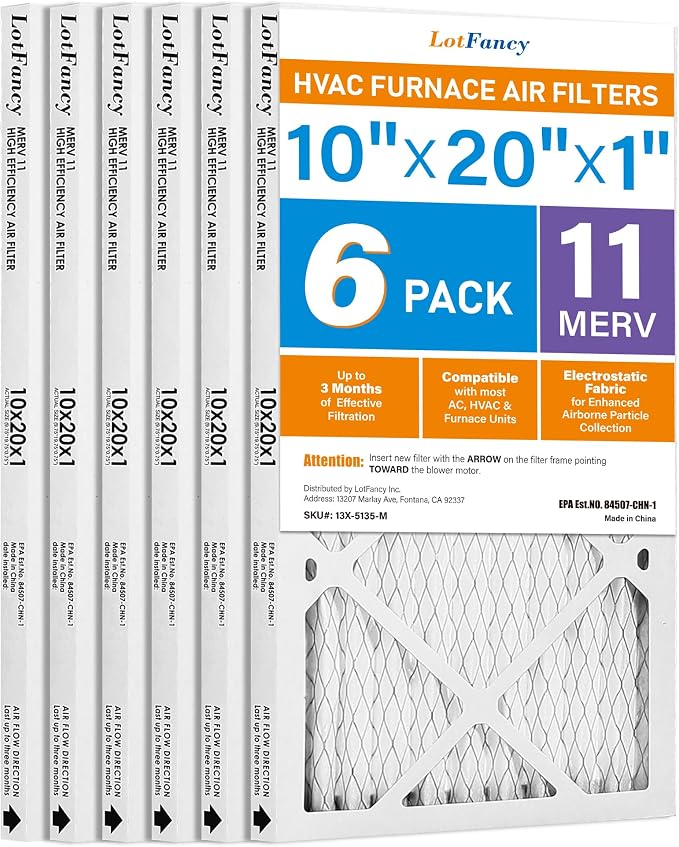 LotFancy 10x20x1 Air Filter MERV 11 6-Pack, Electrostatic Pleated AC Furnace