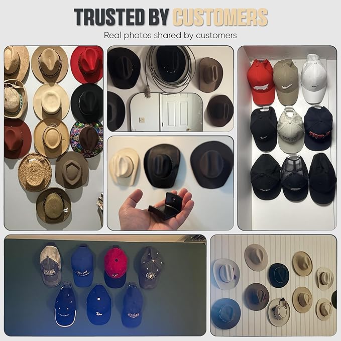 Modern JP Adhesive Hat Hooks for Wall (6-Pack) - Cowboy Hat Rack, Wide Brim Hat Organizer, Strong Hold Hat Hangers for Wall - Clear