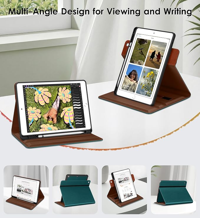 DTTO for iPad 9th/8th/7th Gen Case 10.2 Inch (2021/2020/2019) Brown | 360 Degree Rotating Premium Faux Leather Folio Stand Cover with Pencil Holder Auto Sleep/Wake Multiple Angles Hand Strap