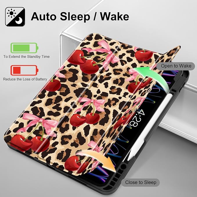 May Chen for iPad Pro 13 Inch Case M5 2025 / M4 2024 Tablet Cases Trifold Stand + Pencil Holder + Auto Wake/Sleep + Soft TPU Protective Stand Back Cover Cherry &amp Cheetah
