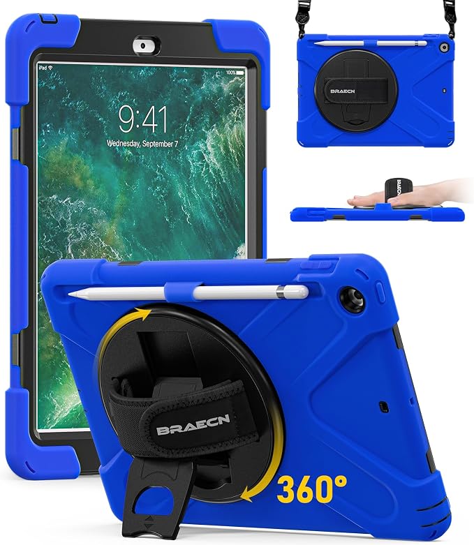 BRAECN Case for iPad 6th/5th Generation - 9.7 inch 2018/2017 Black | Protective Heavy Duty Shockproof Rugged Cover for Kids/Adults 360° Rotating Hand Strap/Stand &amp Detachable Shoulder Strap