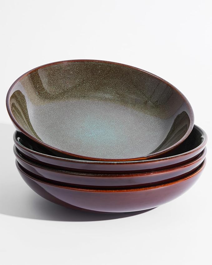 8.75 Inch Large Ceramic Pasta Bowls, 32 Oz Reactive Glaze Stoneware Pasta Serving Bowls Set of 4 for Kitchen, Wide Bowls for Fruit,Pasta,Salad,Soup, Scratch Resistant-Brown and Green