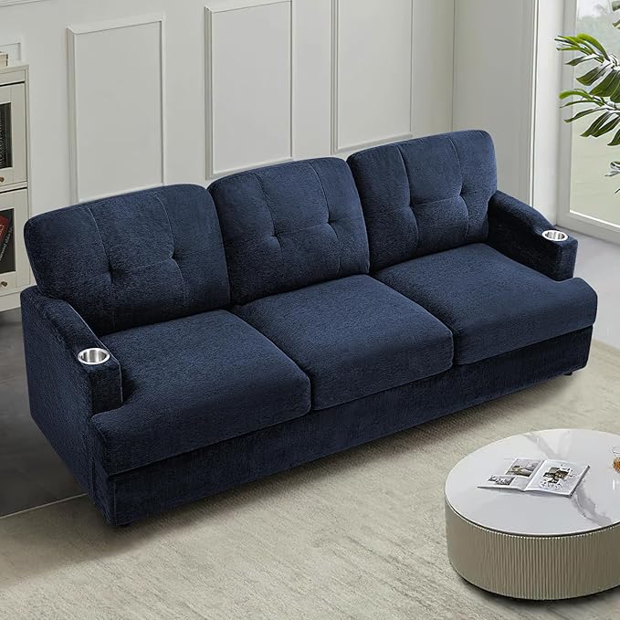 89" Chenille Modern Sofa with Cup Holder, Tufted Upholstered Couch with Thickened Cushions, Comfy 3 Seater Sofa with Deeper Seat for Living Room, Apartment,Blue