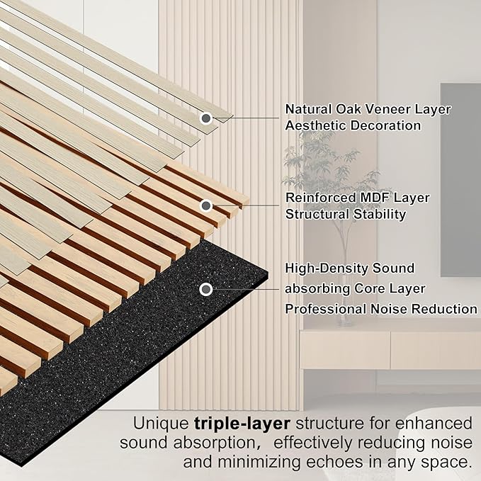 QDYMXUN Wood Slat Acoustic Wall Panels, 4-Pack 94.5'' x 7.9'' 3D Fluted Sound Absorbing Paneling for Interior Accent Wall Decor, Living Room (Natural Oak)