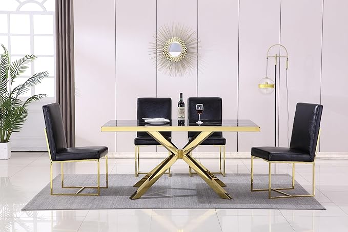 AUZ Dining Chairs Set of 4, Black Faux Leather Upholstered Dining Room Chairs with Polished Gold Stainless Steel Sled Legs