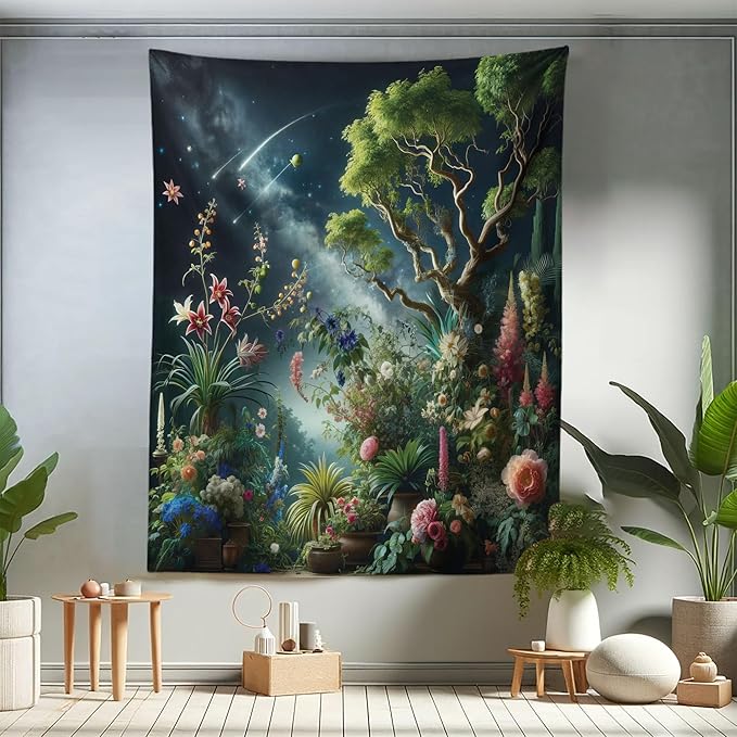 Ambesonne Aesthetic Tapestry Twin Size, Exotic Forest of Twilight with Trees Bushes and Flowers Falling Stars, Wall Hanging Bedspread Bed Cover Wall Decor, 68" X 88", Green Dark Night Blue