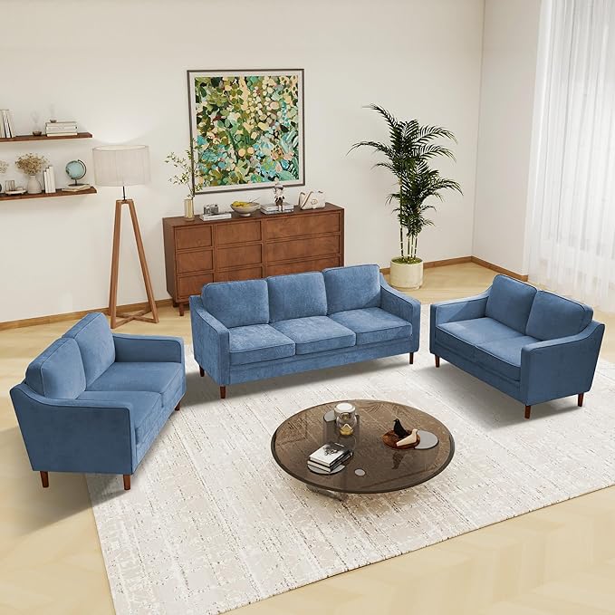 Kingfun Living Room Furniture Sets, Armchair and 2 Loveseat, Mid Century Modern Sofa Set, Chenille Couch with Solid Wood Frame for Living Room & Bedroom, Light Blue