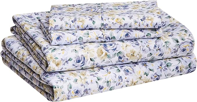 Amazon Basics Lightweight Super Soft Easy Care Microfiber 4 Piece Bed Sheet Set With 14-inch Deep Pockets, Queen, Blue Floral,Printed