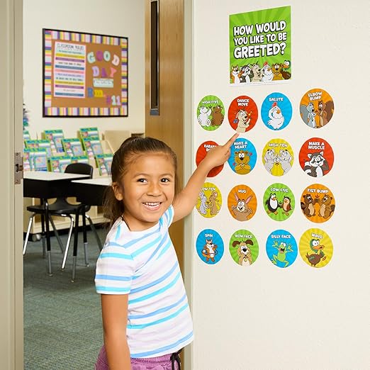 Really Good Stuff EZ Stick How Would You Like to Be Greeted? Labels - Motivational Encouragement Greeting Decals for Classroom - Teacher Supplies