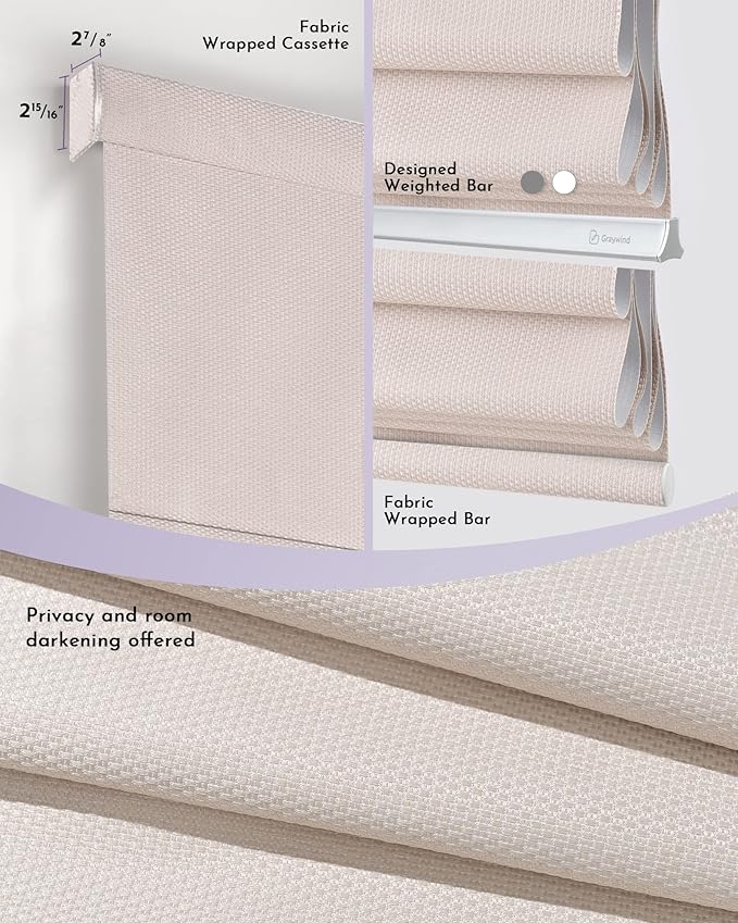Graywind Smart Roman Shades Compatible with Alexa Google Rechargeable Motorized Blinds with Remote Blackout Roman Window Shades Classic Plain Fold Soft for Doors Bedroom, Custom Size (Textured Oat)