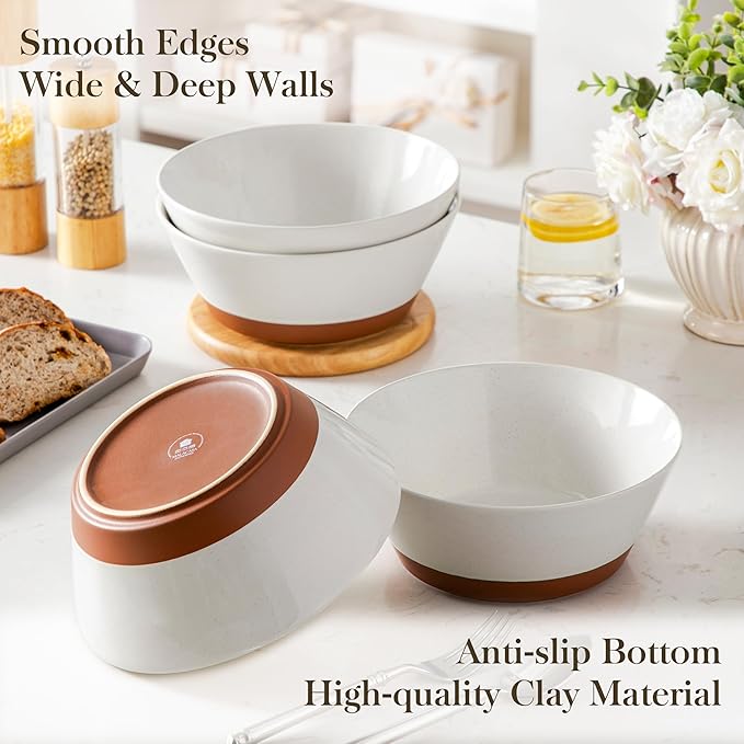MALACASA Salad Bowls Set of 4, Soup Bowls for Kitchen, 60oz Large Ceramic Bowl for Ramen, Cereal, Fruit, Pho and Pasta, Microwave & Dishwasher Safe, Speckled Deep Bowls, White & Brown