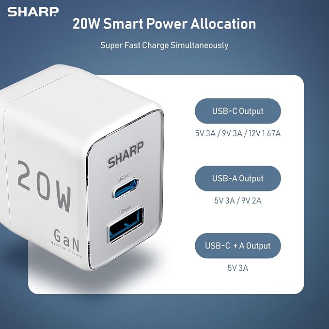 Sharp USB C Charger - 20W Dual Port (USB A+C) Compact Foldable GaN Fast Charge for iPhone 15/15 Pro/15 Pro Max/14/13/12 Pad Pro/AirPods and More Black GW-20PDA201U-BLK