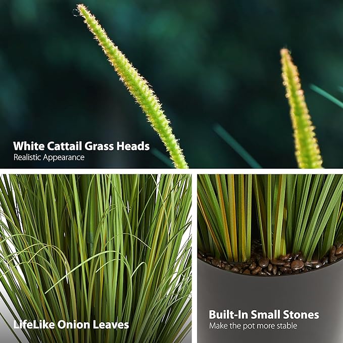 KOL 3ft Artificial Cattail Grass, 35in Artificial Indoor Outdoor Fake Onion Grass Reed Floor Plant, Home Office Wedding Decor Potted Plant, Housewarming Gift, Green