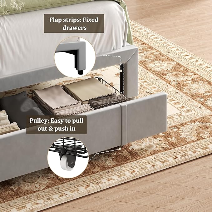 King Bed Frame with Storage Drawers, Upholstered King Size Platform Bed with 47" Tall Headboard and Wingboard, No Box Spring Needed, NO Noise, Easy Assembly, Wooden Support Slats,Light Grey