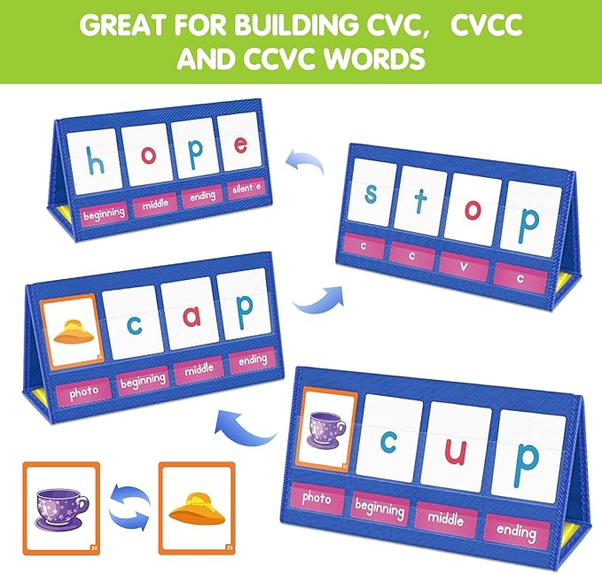 EAMAY CVC Word Building Desktop Pocket Chart Stand with Magnetic Write & Wipe Boards Tent & Cards Kit,Reading Spelling Phonics Games for Kids, Kindergarten Classroom Must Haves!
