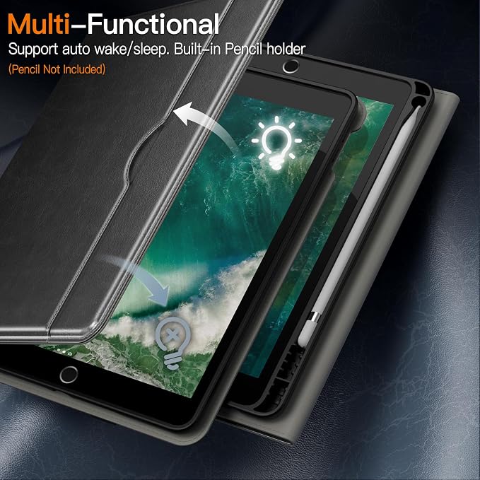JETech Business Case Cover for iPad 6th/5th Gen 9.7 (2018/2017) Black | PU Leather Design Pencil Holder &amp Pocket Multi-Angle Viewing
