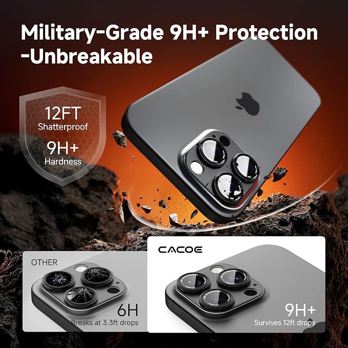 CACOE Metal Camera Lens Protector for iPhone 16Pro/16ProMax/14Pro/14ProMax | 9H Tempered Glass Aluminum Frame HD Clarity Scratch-Resistant Camera Screen Protector Cover Accessories Black