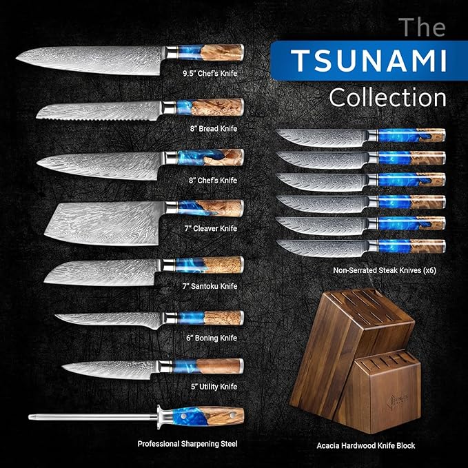 SENKEN 15-Piece Damascus Knife Block Set - "Tsunami" Collection Japanese Chef Knife Set - 67-Layer Japanese VG10 Steel Blades, Includes Chef Knife, Cleaver, 6 Steak Knives (Blue)