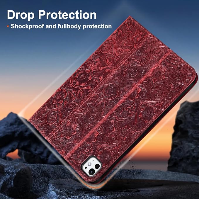 Gexmil Genuine Leather Case for iPad pro 11 Inch 2022/2021 4th/3rd Gen iPad Pro 11 2020/2018 Cover 2nd/1st Gen. CoverReal Leather Cowhide ShockproofFloral Pattern | Genuine Leather Cover for iPad P