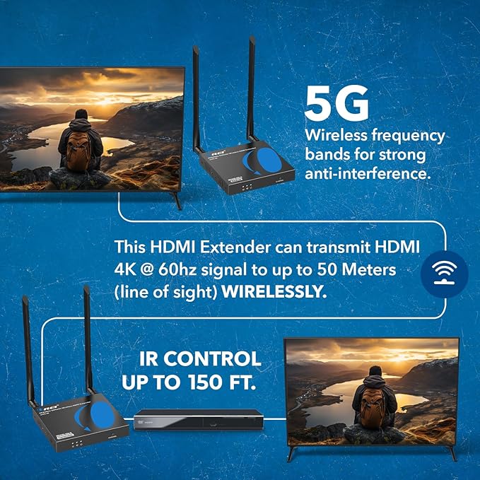 OREI Wireless HDMI Extender Transmitter & Receiver Dongle UtraHD 5.1-5.2 Ghz Up to 4K @ 60Hz - Upto 150 Feet - Perfect for Streaming from Laptop, PC, Cable, Netflix, YouTube, PS4 to HDTV/Projector