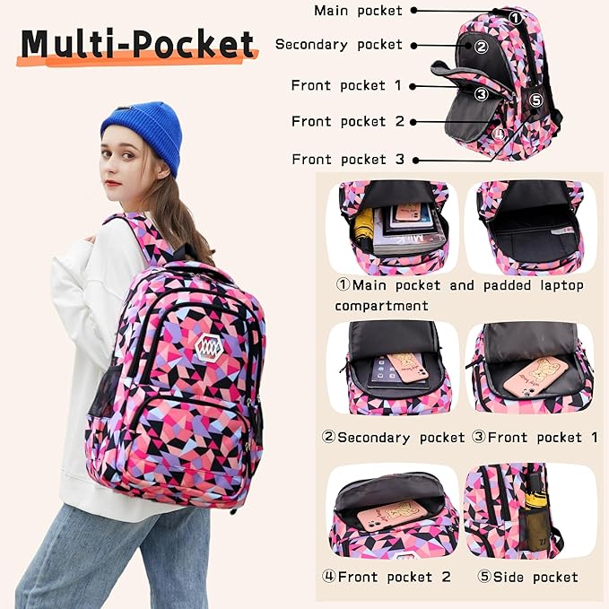 Bansusu 3Pcs Pink-a-3pcs Geometric Print Backpack and Lunch-Bag Set for Girls School Elementary Bookbags, 12.999.4418.89inch