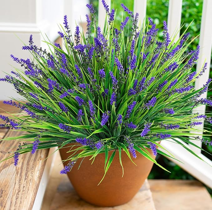 Artificial Fake Outdoor Plants Flowers for Decoration,10 Bundles 16.5" UV Resistant Plastic Tall Realistic Faux Monkey Grass Greenery Stems for Home Outside Planter Window Porch Patio Garden-Purple