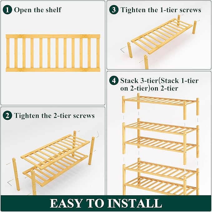 Smiry Shoe Rack, 5 Tier Thick Bamboo Shoe Organizer, Stackable Free Standing Wooden Shoe Storage Shelf for Closet, Entryway, Front Door Entrance, Natural