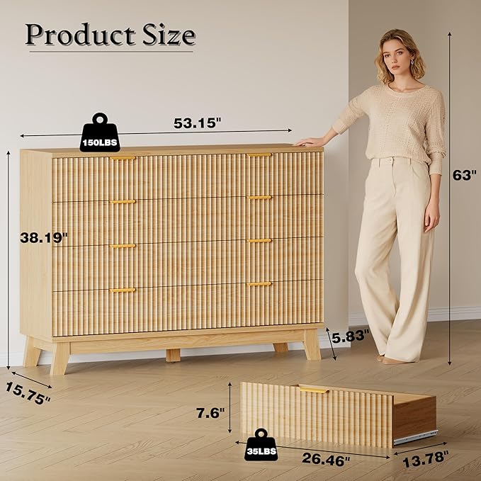 53" Tall Dresser for Bedroom, 8-Drawer Fluted Chest of Drawers, Modern Wood Highboy with Metal Slides and Handles, Anti-Tip Kit, Vertical Clothes Storage Organizer for Apartment, Closet
