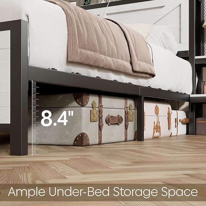 Full Size Rustic Bed Frame with Storage Born Door Headboard and Bedside Storage, Industrial Farmhouse Metal Platform Bed Frame with Charging Station and LED Lights, White